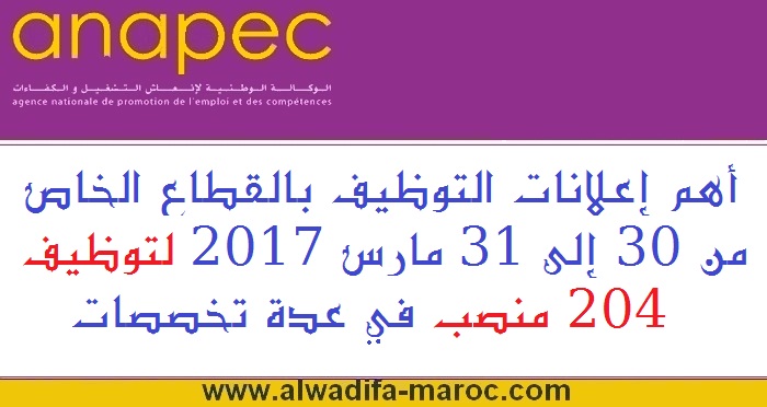 الوكالة الوطنية لإنعاش التشغيل والكفاءات: أهم إعلانات التوظيف بالقطاع الخاص من 30 إلى 31 مارس 2017 لتوظيف 204 منصب في عدة تخصصات