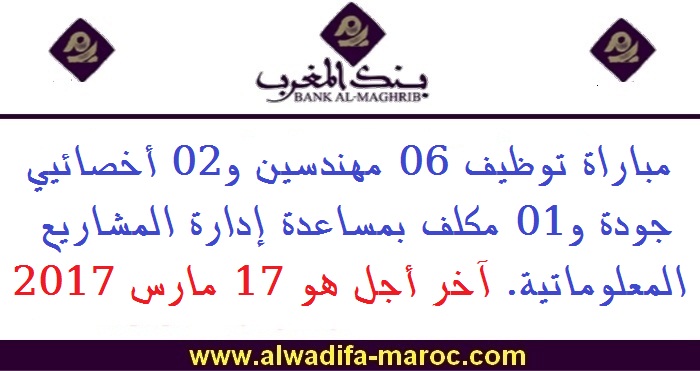 بنك المغرب: مباراة توظيف 06 مهندسين و02 أخصائيي جودة و01 مكلف بمساعدة إدارة المشاريع المعلوماتية. آخر أجل هو 17 مارس 2017