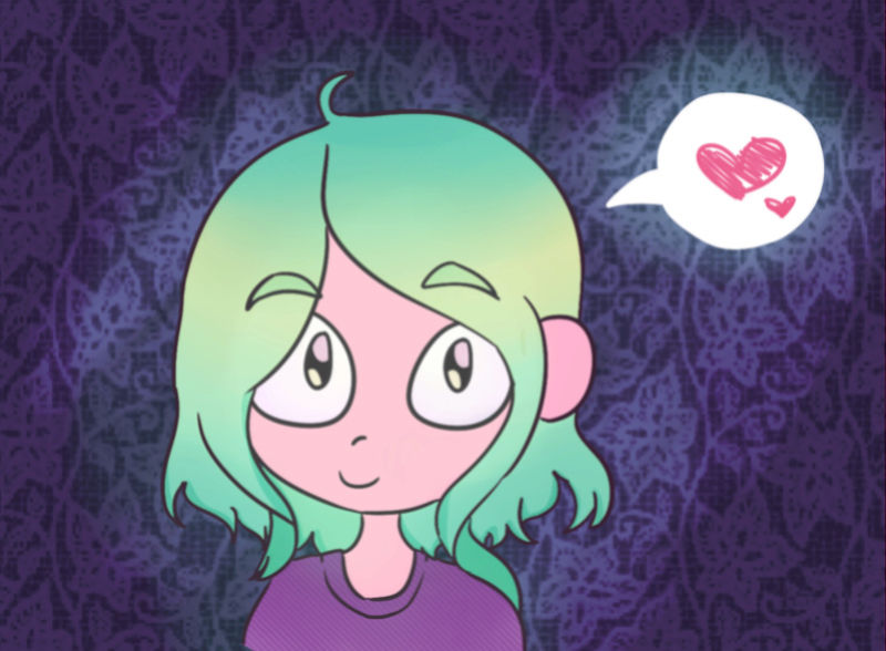 [drawing of green haired person accompanied by speech bubble with hearts in it]